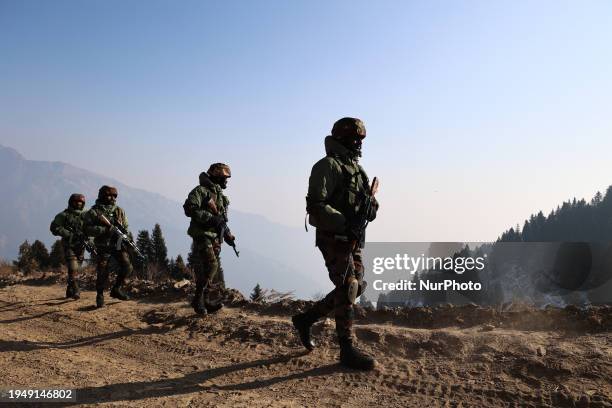 Indian army soldiers are patrolling the Line of Control between Pakistan and India in Uri Sector, Jammu and Kashmir, India, on January 24, 2024....