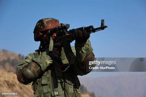 Indian army soldiers are patrolling the Line of Control between Pakistan and India in Uri Sector, Jammu and Kashmir, India, on January 24, 2024....