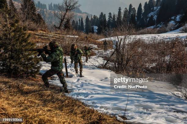 Indian army soldiers are patrolling the Line of Control between Pakistan and India in Uri Sector, Jammu and Kashmir, India, on January 24, 2024....