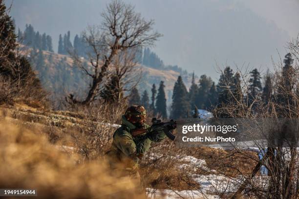 Indian army soldiers are patrolling the Line of Control between Pakistan and India in Uri Sector, Jammu and Kashmir, India, on January 24, 2024....