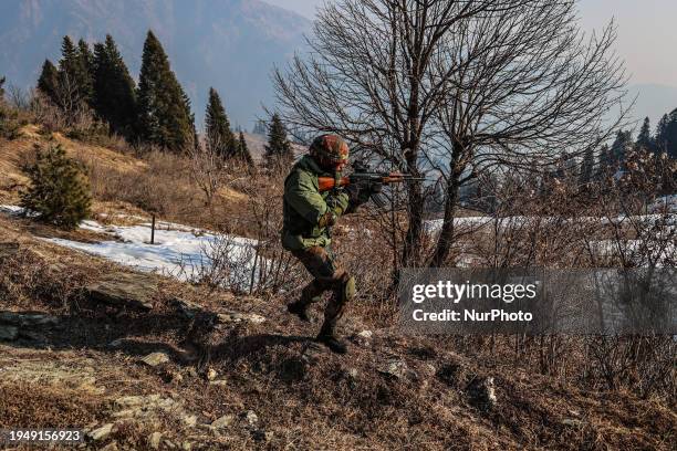 Indian army soldiers are patrolling the Line of Control between Pakistan and India in Uri Sector, Jammu and Kashmir, India, on January 24, 2024....