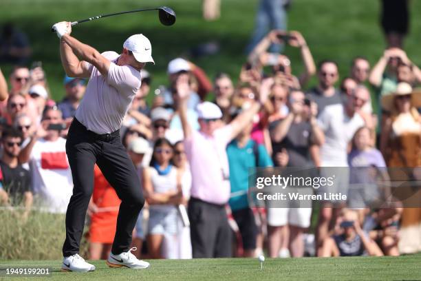 Rory McIlroy of Northern Ireland tees off on the 13th hole during the third round of the Hero Dubai Desert Classic at Emirates Golf Club on January...