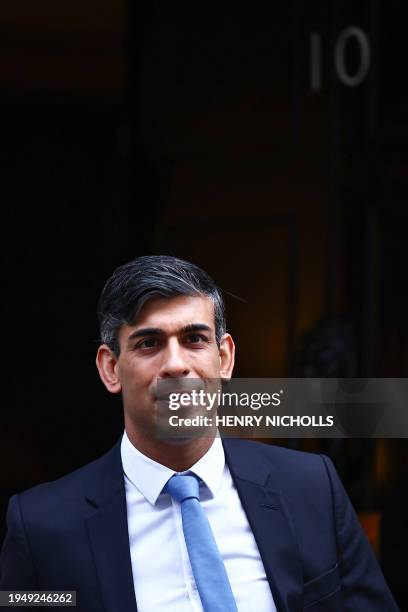 Britain's Prime Minister Rishi Sunak leaves from 10 Downing Street in central London, on January 24, 2024 to take part in the weekly session of Prime...