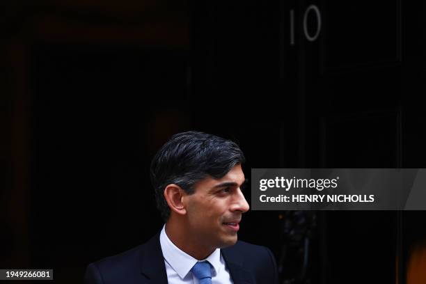 Britain's Prime Minister Rishi Sunak leaves from 10 Downing Street in central London, on January 24, 2024 to take part in the weekly session of Prime...