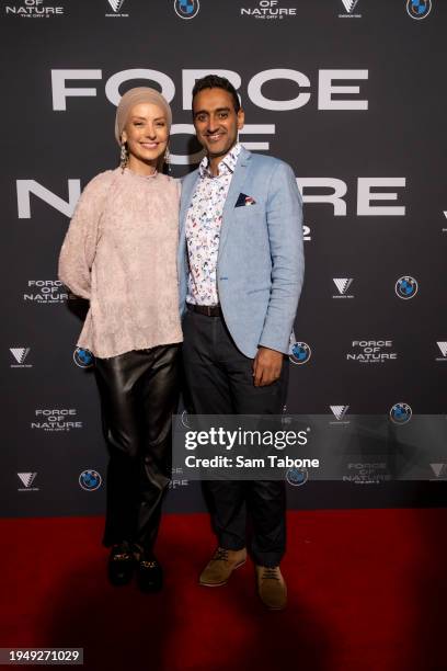 Susan Carland and Waleed Aly attends the world premiere of "Force of Nature: The Dry 2" at Village Cinemas Tivoli on January 21, 2024 in Melbourne,...