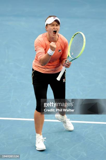 Barbora Krejcikova of the Czech Republic celebrates match point in their round four singles match against Mirra Andreeva during the 2024 Australian...