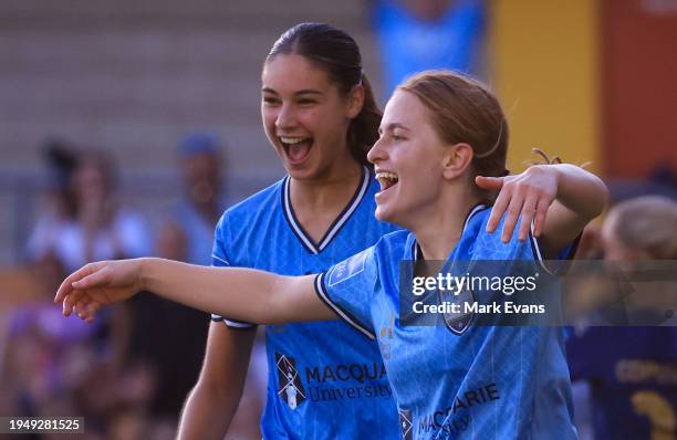 Maddie Caspers of Sydney FC celebrates a goal with team mates during the A-League Women round 13 match between Sydney FC and Newcastle Jets at...
