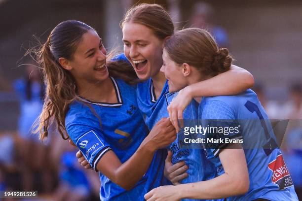 Maddie Caspers of Sydney FC celebrates a goal with team mates during the A-League Women round 13 match between Sydney FC and Newcastle Jets at...