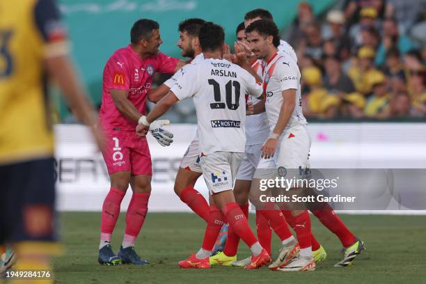 Melbourne City players celebreate the goal Steven Ugarković of Melbourne City during the A-League Men round 13 match between Central Coast Mariners...