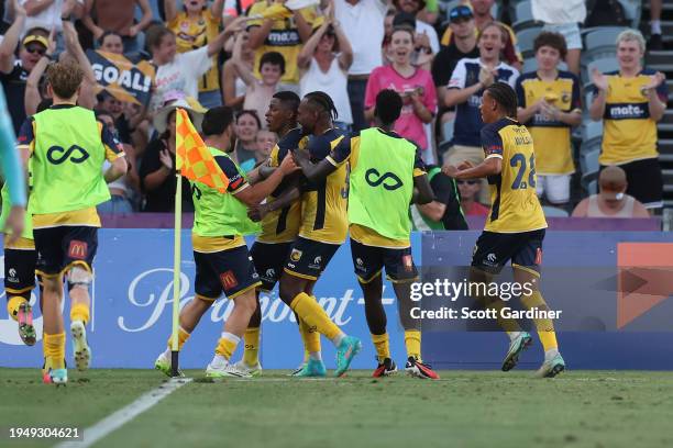 Mariners player celebrate the goal of Ángel Quiñones of the Mariners during the A-League Men round 13 match between Central Coast Mariners and...