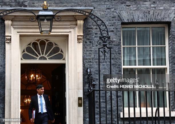Britain's Prime Minister Rishi Sunak leaves from 10 Downing Street in central London, on January 24, 2024 to take part in the weekly session of Prime...