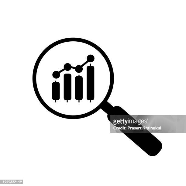 analytic vector icon - magnifying glass with bar chart on white - binoculars icon stock pictures, royalty-free photos & images