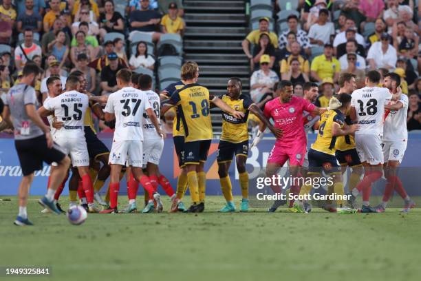 Players tussle during the A-League Men round 13 match between Central Coast Mariners and Melbourne City at Industree Group Stadium, on January 21 in...