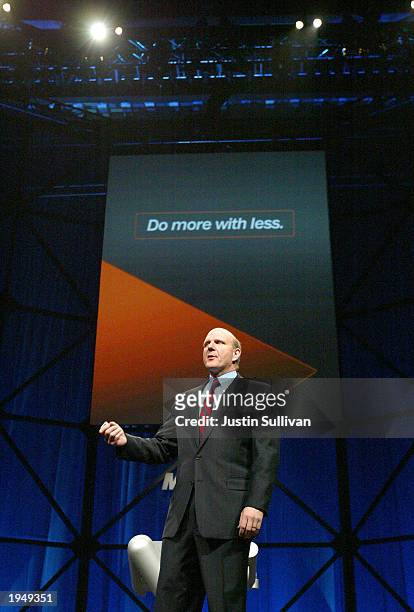 Microsoft CEO Steve Ballmer delivers the keynote address for the global launch of Windows Server 2003 April 24, 2003 in San Francisco.
