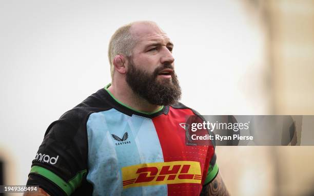 Joe Marler of Harlequins looks on the Investec Champions Cup match between Harlequins and Ulster Rugby at Twickenham Stoop on January 20, 2024 in...