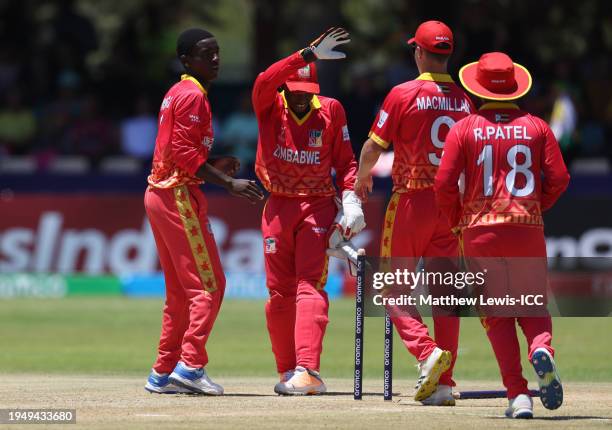 Panashe Taruvinga of Zimbabwe celebrates the wicket of Rusanda Gamage of Sri Lanka during the ICC U19 Men's Cricket World Cup South Africa 2024 match...