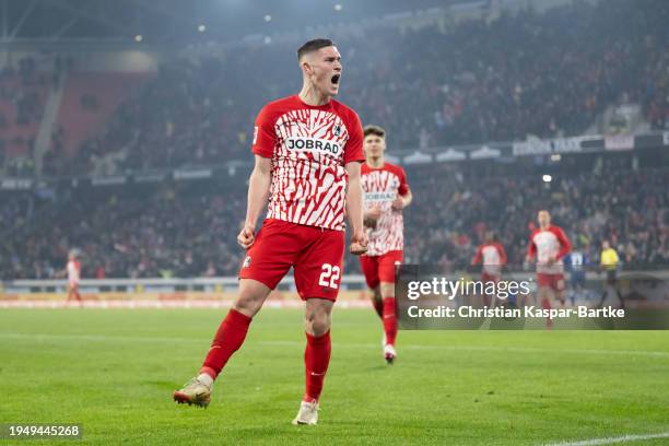 Roland Sallai of SC Freiburg celebrates after scoring his team’s third goal during the Bundesliga match between Sport-Club Freiburg and TSG...