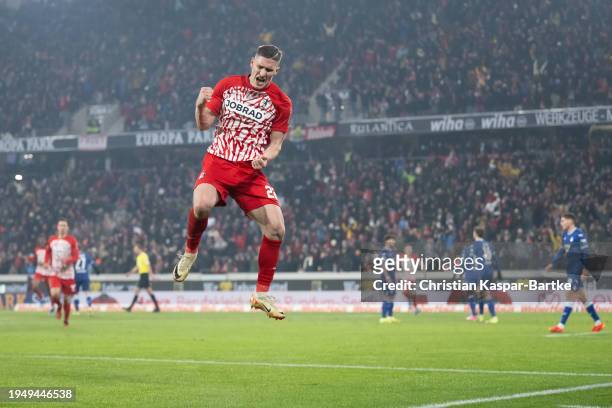 Roland Sallai of SC Freiburg celebrates after scoring his team’s third goal during the Bundesliga match between Sport-Club Freiburg and TSG...