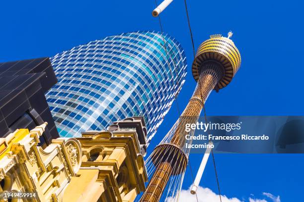 sydney tower and blue sky - centrepoint tower stock pictures, royalty-free photos & images