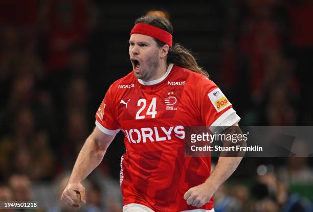 Mikkel Hansen of Denmark celebrates during the Men's EHF Euro 2024 main round match between Denmark and Sweden at Barclays Arena on January 19, 2024...