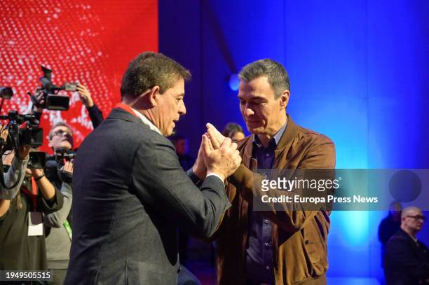 The President of the Government, Pedro Sanchez , and the PSdeG candidate for president of the Xunta de Galicia, Jose Ramon Gomez Besteiro shake hands...