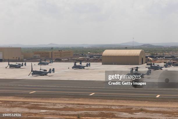 Military aircraft as seen at US Military Base Camp Lemonnier on January 21, 2024 in Djibouti. Camp Lemonnier is the only permanent United States...