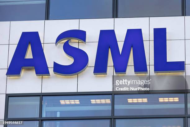 Logo of ASML - Advanced Semiconductor Materials Lithography as seen at the wall of the building at the headquarters of the company. ASML is a Dutch...