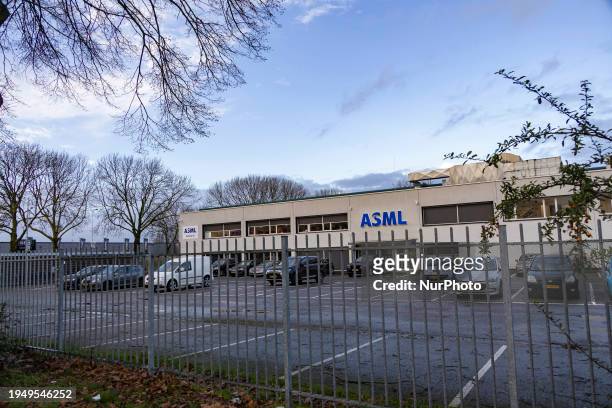 Logo of ASML - Advanced Semiconductor Materials Lithography as seen at the wall of the building at the headquarters of the company. ASML is a Dutch...