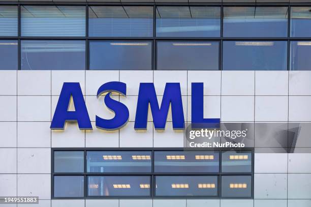 Logo of ASML - Advanced Semiconductor Materials Lithography as seen at the wall of the building at the headquarters of the company. ASML is a Dutch...