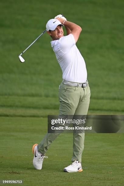 Rory McIlroy of Northern Ireland plays his second shot on the ninth hole during the Final Round of the Hero Dubai Desert Classic at Emirates Golf...