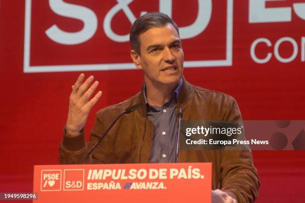 The President of the Government, Pedro Sanchez, speaks during the closing of the PSOE political convention, on 21 January, 2024 in A Coruña, Galicia,...