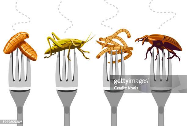 stockillustraties, clipart, cartoons en iconen met insects on forks - insect eating