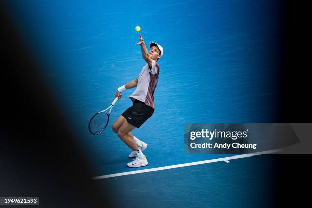Jannik Sinner of Italy serves in his round four singles match against Karen Khachanov during day eight of the 2024 Australian Open at Melbourne Park...