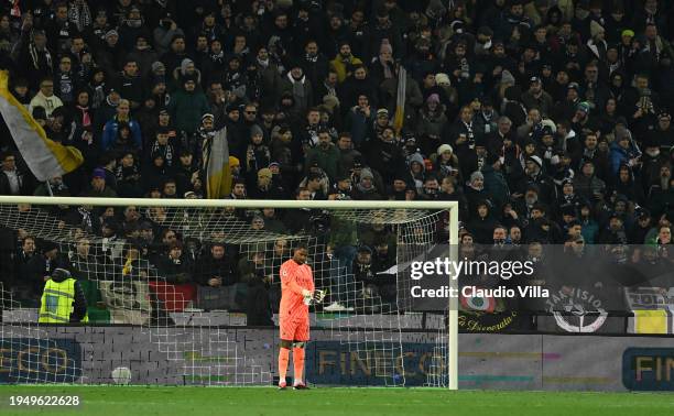 Mike Maignan of AC Milan under the Udinese fans' curve during the racist incidents against him during the Serie A TIM match between Udinese Calcio...