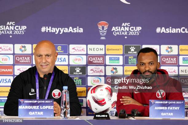 Head coach of Team Qatar Bartolome Marquez and player Ahmed Fathy Abdoulla attend a press conference ahead of the AFC Asian Cup Qatar 2023 Group A...