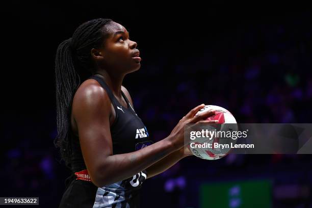 Grace Nweke of New Zealand prepares to take a shot during the Vitality Netball Nations Cup match between Australia and New Zealand at OVO Arena...