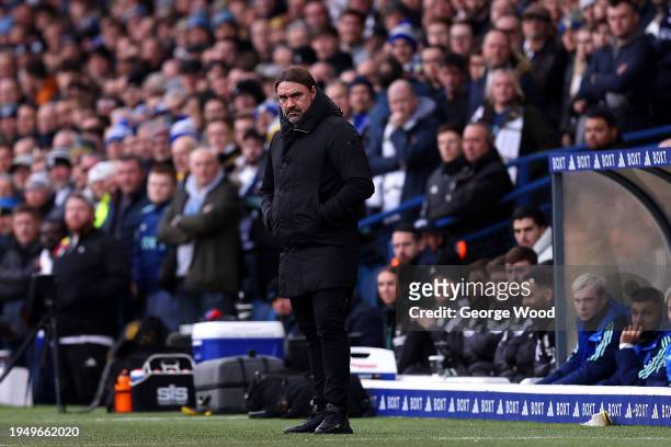 Daniel Farke, Manager of Leeds United, looks on during the Sky Bet Championship match between Leeds United and Preston North End at Elland Road on...