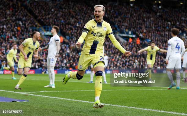 Liam Millar celebrates after Will Keane of Preston North End scored their sides first goal during the Sky Bet Championship match between Leeds United...