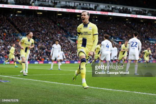Liam Millar celebrates after Will Keane of Preston North End scored their sides first goal during the Sky Bet Championship match between Leeds United...