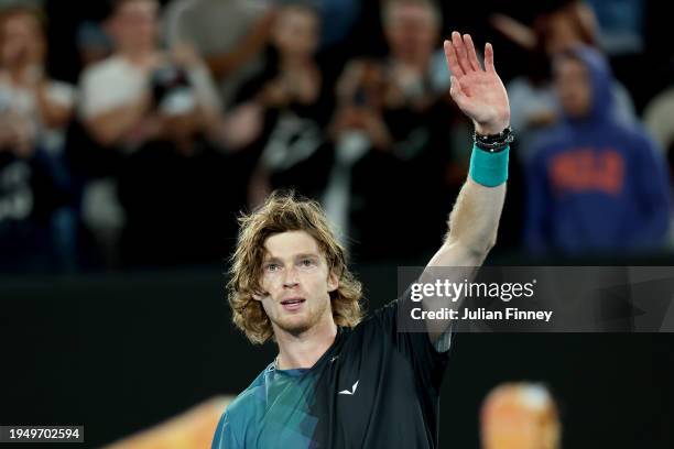 Andrey Rublev celebrates match point in their round four singles match against Alex de Minaur of Australia during the 2024 Australian Open at...