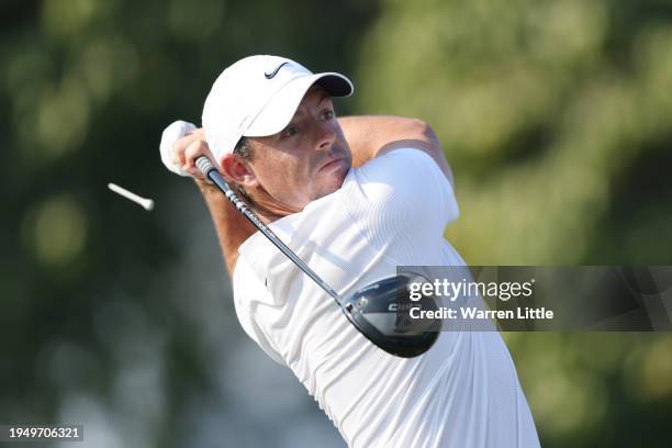 Rory McIlroy of Northern Ireland plays a provisional shot as he tees on the 13th hole during the Final Round of the Hero Dubai Desert Classic at...