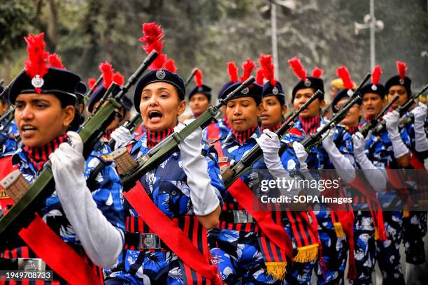 Rapid Action Force Police Women's Team seen practicing during the Republic Day Final Dress Rehearsal. India commemorates Republic Day on 26th January...