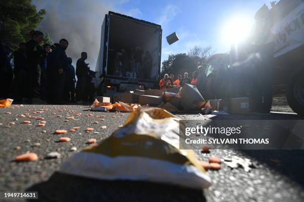 French farmers unload a truck carrying frozen vegetables from Belgium as they block the a roundabout on the Nationale 7 route accessing the...