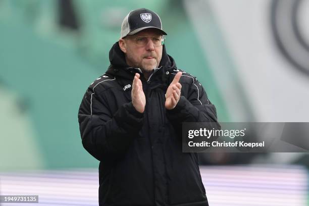 Head coach Sascha Hildmann of Muenster reacts during the 3. Liga match between Preußen Münster and Arminia Bielefeld at Preussenstadion on January...