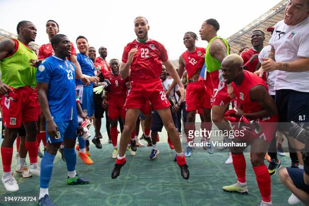 Of Equatorial Guinea leads the celebratations after victory in the TotalEnergies CAF Africa Cup of Nations group stage match between Equatorial...