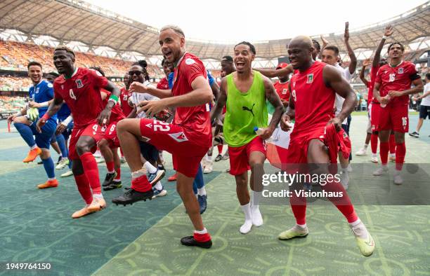 Of Equatorial Guinea leads the celebratations after victory in the TotalEnergies CAF Africa Cup of Nations group stage match between Equatorial...