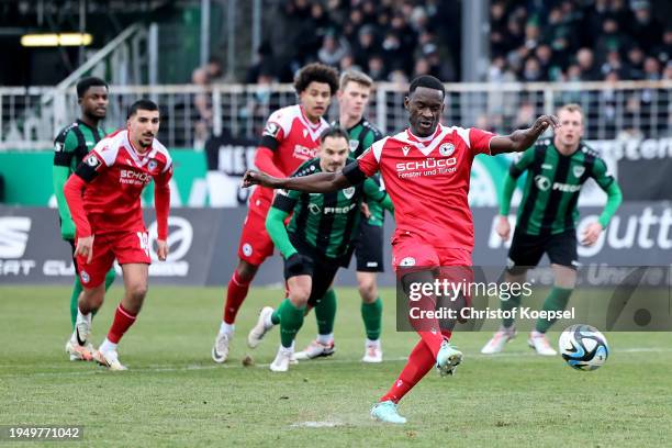 Merveille Biankadi of Bielefeld scores the first goal by penalty during the 3. Liga match between Preußen Münster and Arminia Bielefeld at...