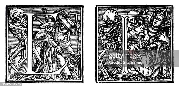 capital letter e and f woodcut 16th century by holbein illustration - human skeleton drawing stock illustrations