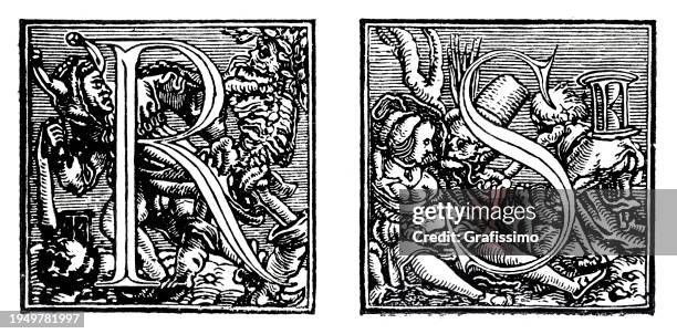 illustrations, cliparts, dessins animés et icônes de lettre majuscule r et s gravure sur bois du 16ème siècle par holbein illustration - lettre majuscule