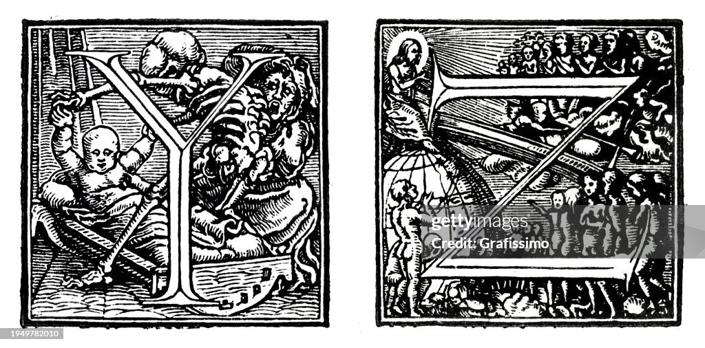 Capital letter Y and Z woodcut 16th century by Holbein illustration